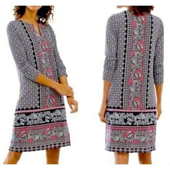 J. Jill Dresses & Skirts - J Jill Paisley L Long Sleeve Dress Sheath Stretch V Neck Paisley Blue Pink New